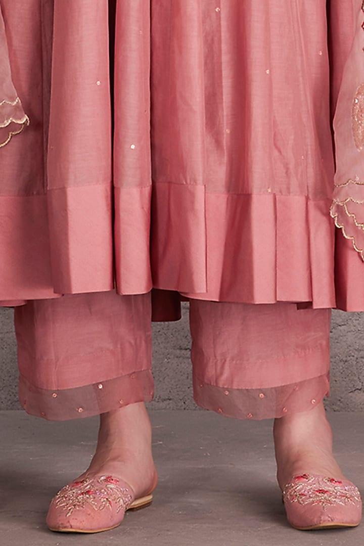 Baby Pink Cotton Silk Dabka & Sequins Embellished Wedding Anarkali Set by JANKI INDIA at Pernia's Pop Up Shop
