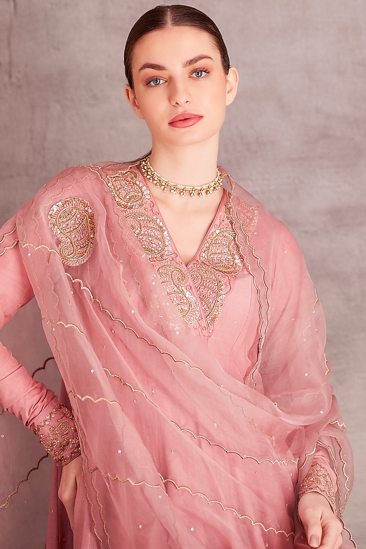 Baby Pink Cotton Silk Dabka & Sequins Embellished Wedding Anarkali Set by JANKI INDIA at Pernia's Pop Up Shop