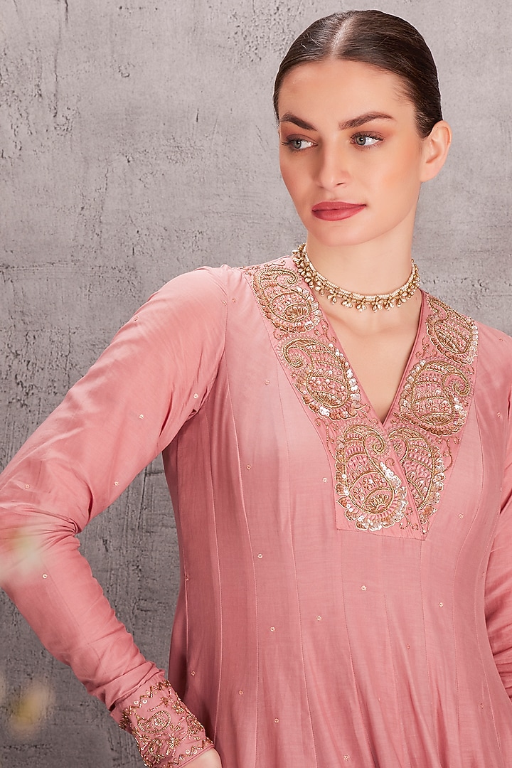 Baby Pink Cotton Silk Dabka & Sequins Embellished Wedding Anarkali Set by JANKI INDIA at Pernia's Pop Up Shop
