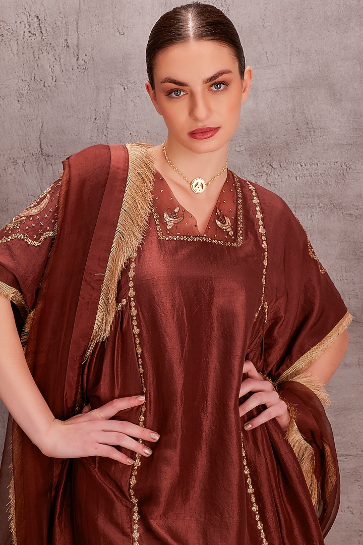 Brown Silk Mukaish Embroidered Kurta Set by JANKI INDIA at Pernia's Pop Up Shop