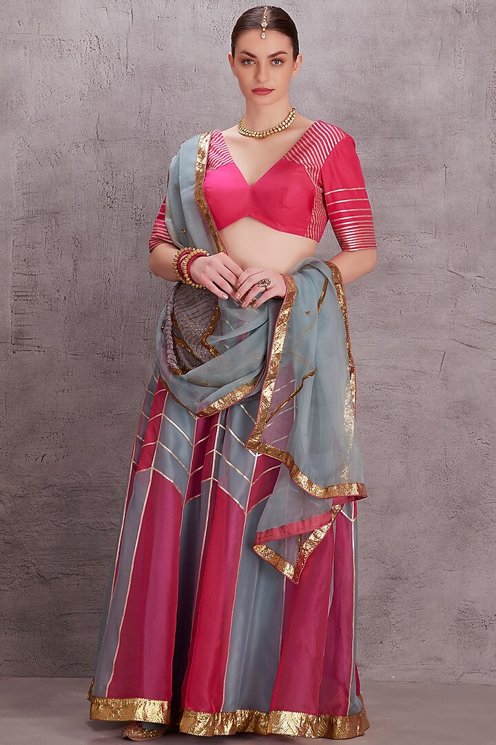 Ice Blue & Hot Pink Organza Gota Work Wedding Sharara Set by JANKI INDIA at Pernia's Pop Up Shop