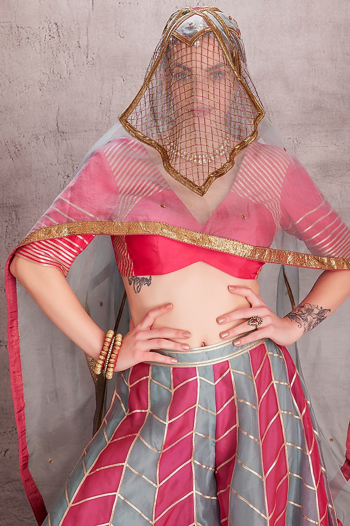 Ice Blue & Hot Pink Organza Gota Work Wedding Sharara Set by JANKI INDIA at Pernia's Pop Up Shop