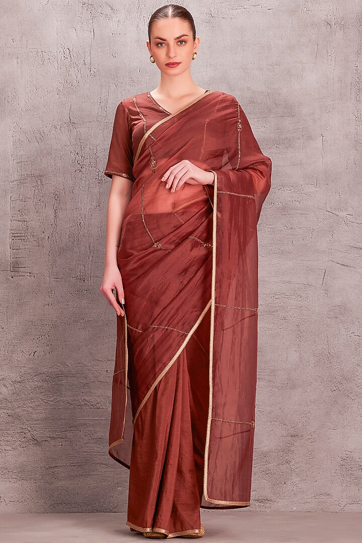 Brown Organza Floral & Cutdana Work Wedding Saree Set by JANKI INDIA at Pernia's Pop Up Shop