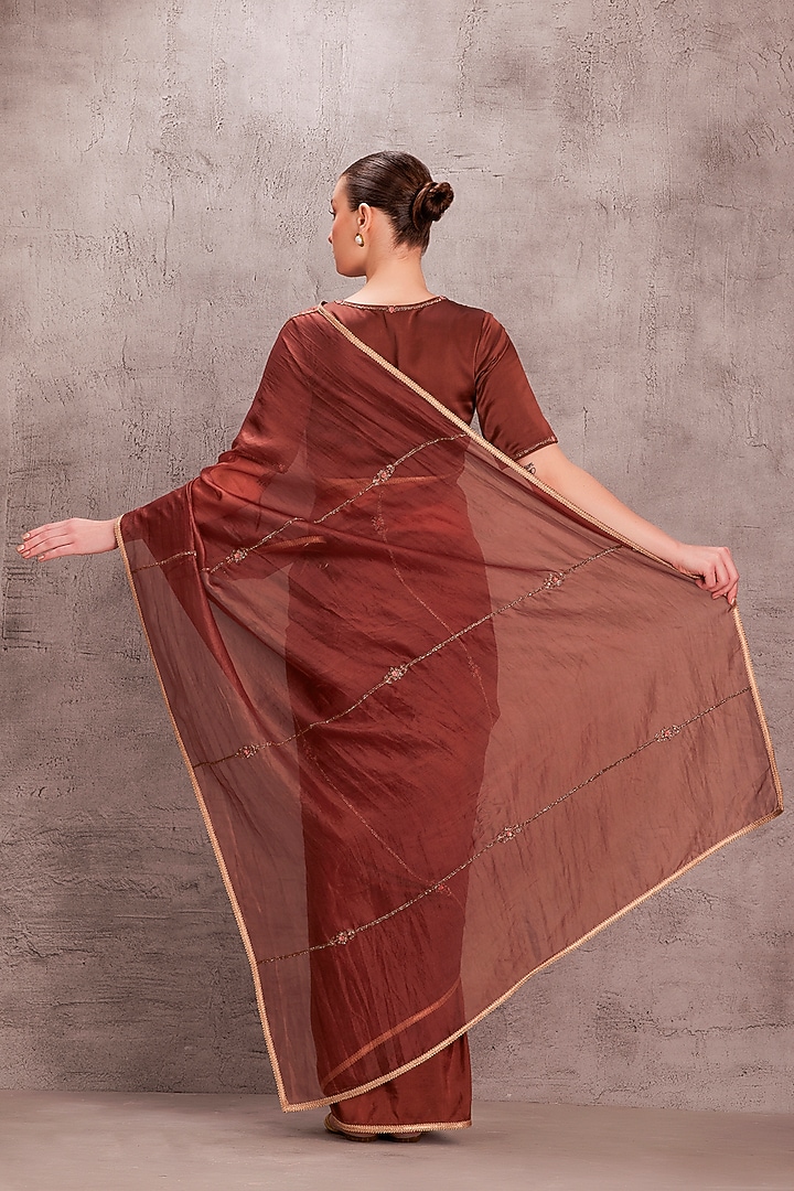 Brown Organza Floral & Cutdana Work Wedding Saree Set by JANKI INDIA at Pernia's Pop Up Shop