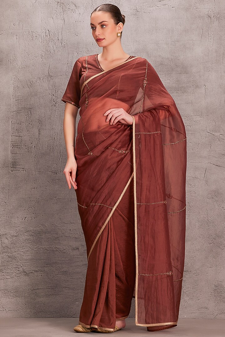 Brown Organza Floral & Cutdana Work Wedding Saree Set by JANKI INDIA at Pernia's Pop Up Shop