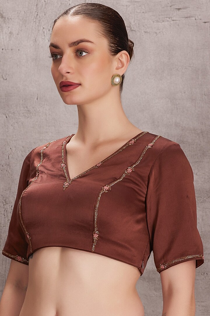 Brown Organza Floral & Cutdana Work Wedding Saree Set by JANKI INDIA at Pernia's Pop Up Shop