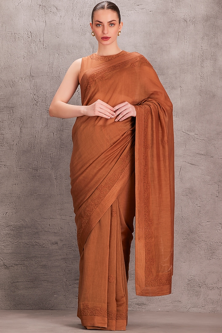 Brown Chanderi Embroidered Party Wear Saree Set by JANKI INDIA at Pernia's Pop Up Shop