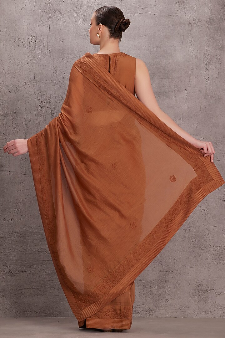 Brown Chanderi Embroidered Party Wear Saree Set by JANKI INDIA at Pernia's Pop Up Shop