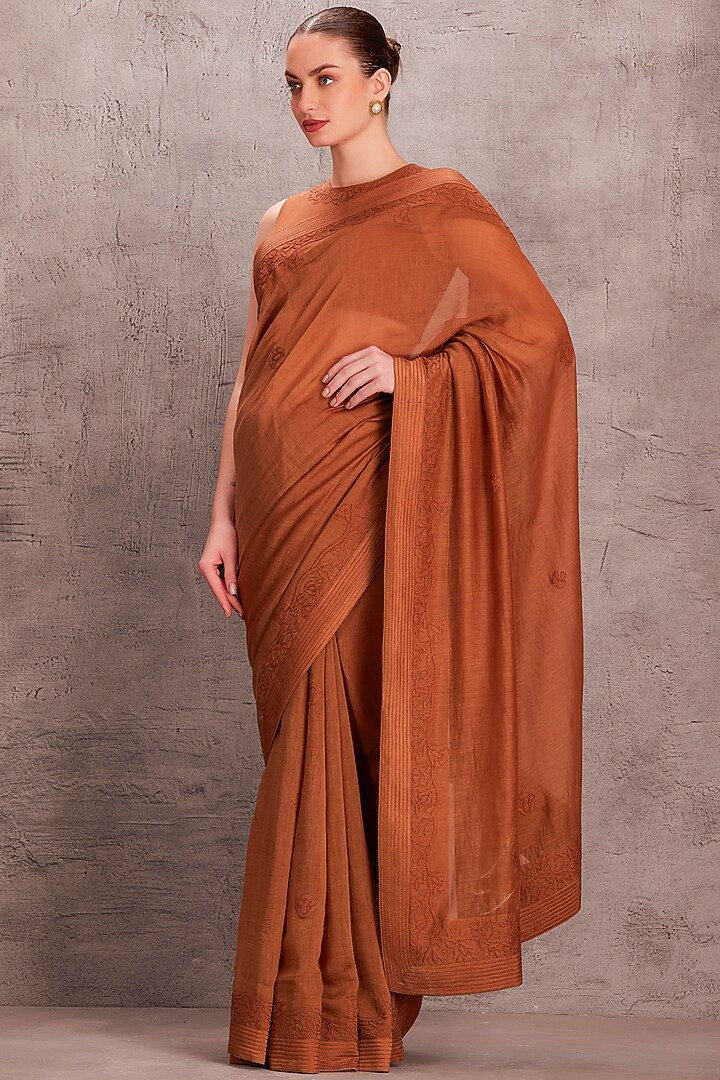 Brown Chanderi Embroidered Party Wear Saree Set by JANKI INDIA at Pernia's Pop Up Shop