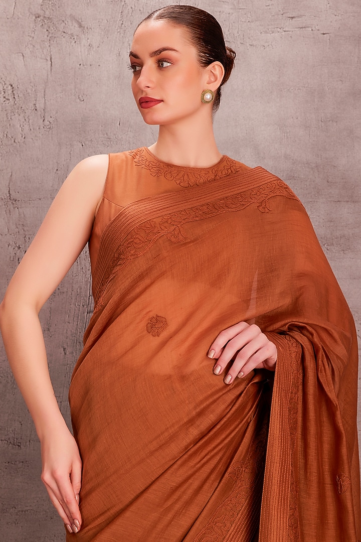 Brown Chanderi Embroidered Party Wear Saree Set by JANKI INDIA at Pernia's Pop Up Shop