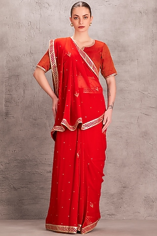 Orange Chiffon Mukaish & Resham Work Saree Set by JANKI INDIA