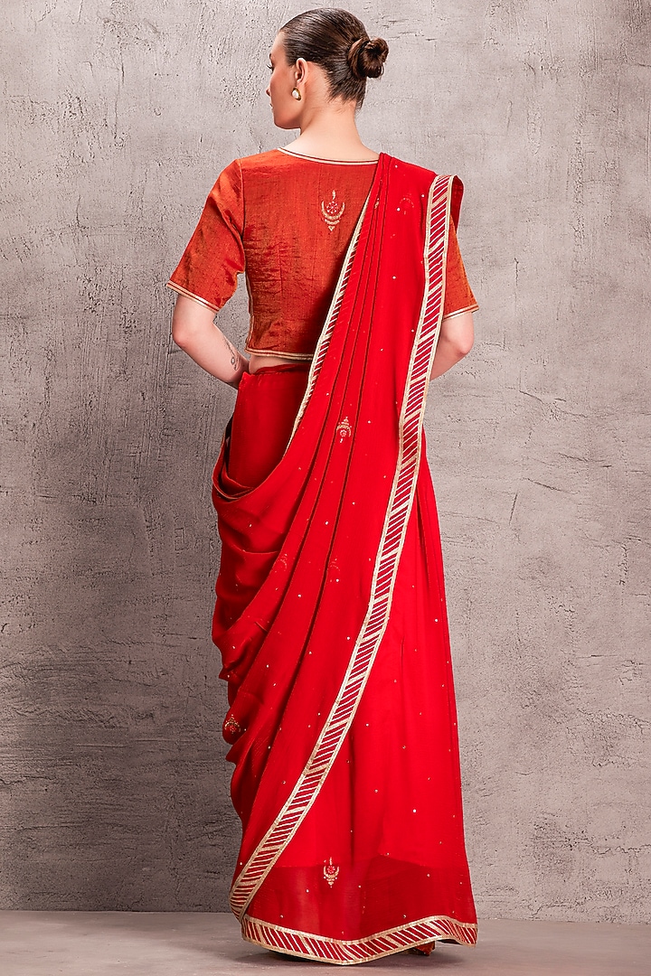 Orange Chiffon Mukaish & Resham Work Party Wear Saree Set by JANKI INDIA at Pernia's Pop Up Shop