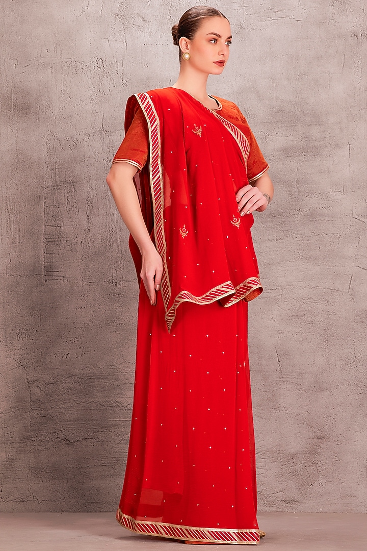 Orange Chiffon Mukaish & Resham Work Party Wear Saree Set by JANKI INDIA at Pernia's Pop Up Shop