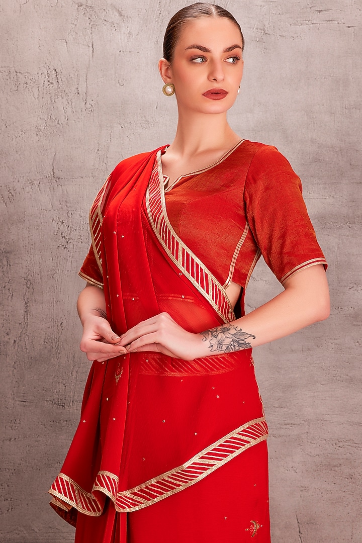 Orange Chiffon Mukaish & Resham Work Party Wear Saree Set by JANKI INDIA at Pernia's Pop Up Shop