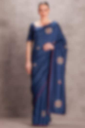 Blue Silk Floral Hand Embroidered Saree Set by JANKI INDIA at Pernia's Pop Up Shop