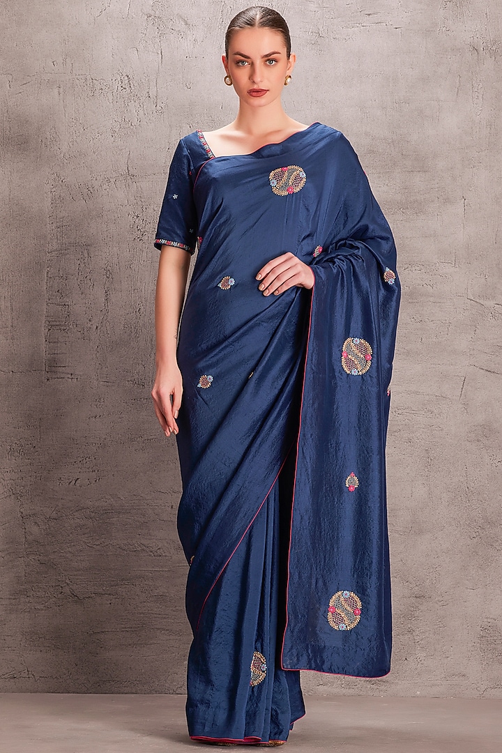 Blue Silk Floral Hand Embroidered Saree Set by JANKI INDIA at Pernia's Pop Up Shop