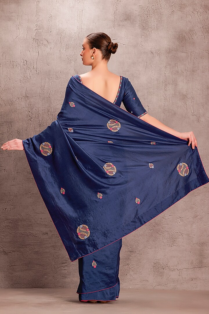 Blue Silk Floral Hand Embroidered Wedding Saree Set by JANKI INDIA at Pernia's Pop Up Shop
