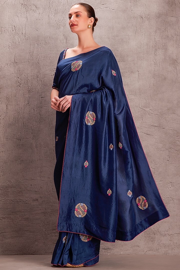 Blue Silk Floral Hand Embroidered Wedding Saree Set by JANKI INDIA at Pernia's Pop Up Shop