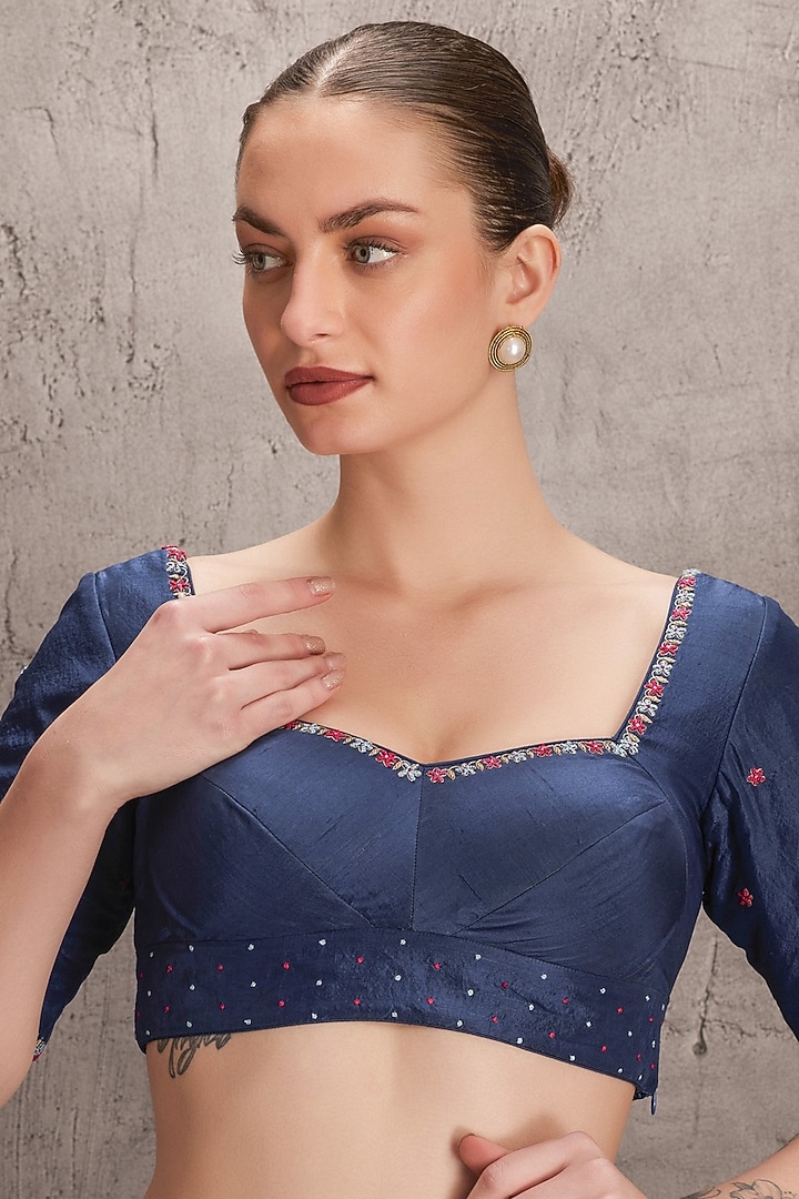 Blue Silk Floral Hand Embroidered Wedding Saree Set by JANKI INDIA at Pernia's Pop Up Shop
