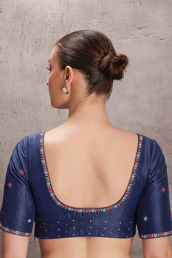 Blue Silk Floral Hand Embroidered Wedding Saree Set by JANKI INDIA at Pernia's Pop Up Shop