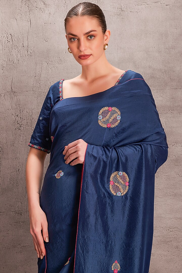 Blue Silk Floral Hand Embroidered Wedding Saree Set by JANKI INDIA at Pernia's Pop Up Shop