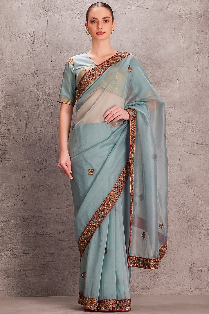 Sky Blue Organza & Pure Silk Hand Work Saree Set by JANKI INDIA at Pernia's Pop Up Shop