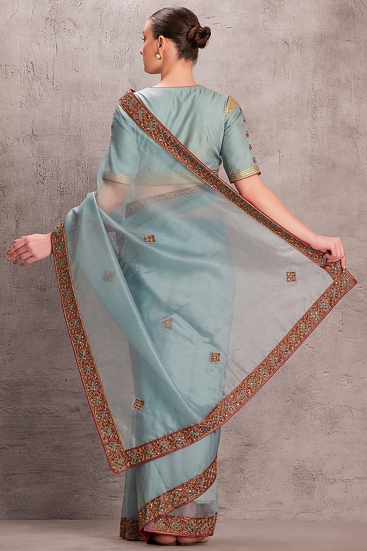 Sky Blue Organza & Pure Silk Hand Work Wedding Saree Set by JANKI INDIA at Pernia's Pop Up Shop