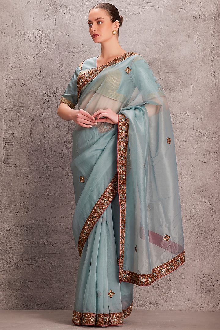 Sky Blue Organza & Pure Silk Hand Work Wedding Saree Set by JANKI INDIA at Pernia's Pop Up Shop