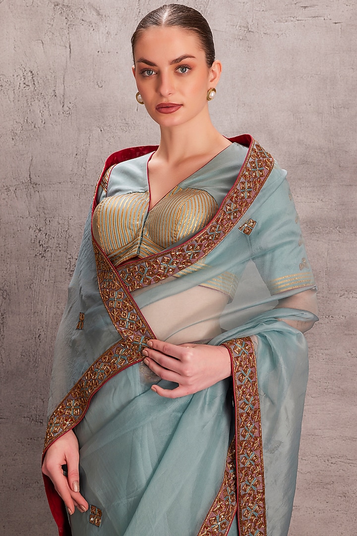 Sky Blue Organza & Pure Silk Hand Work Wedding Saree Set by JANKI INDIA at Pernia's Pop Up Shop