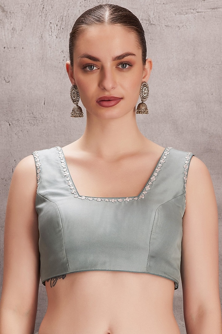 Sky Blue Pure Silk Mukaish Embellished Wedding Saree Set by JANKI INDIA at Pernia's Pop Up Shop