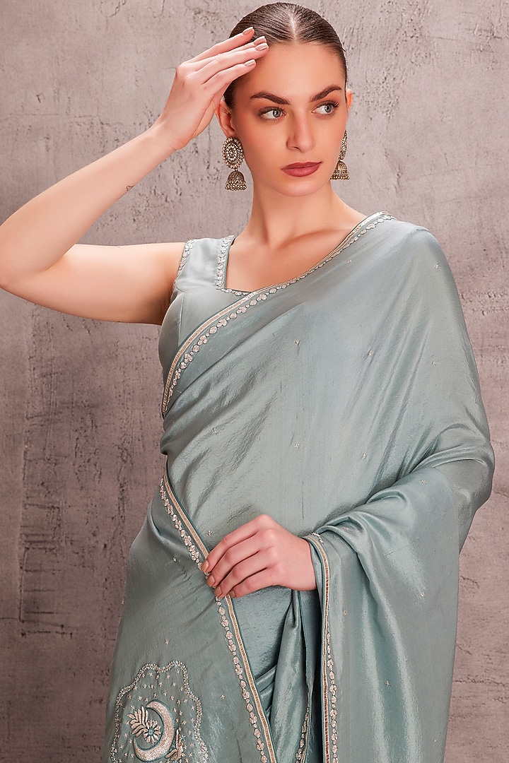 Sky Blue Pure Silk Mukaish Embellished Wedding Saree Set by JANKI INDIA at Pernia's Pop Up Shop