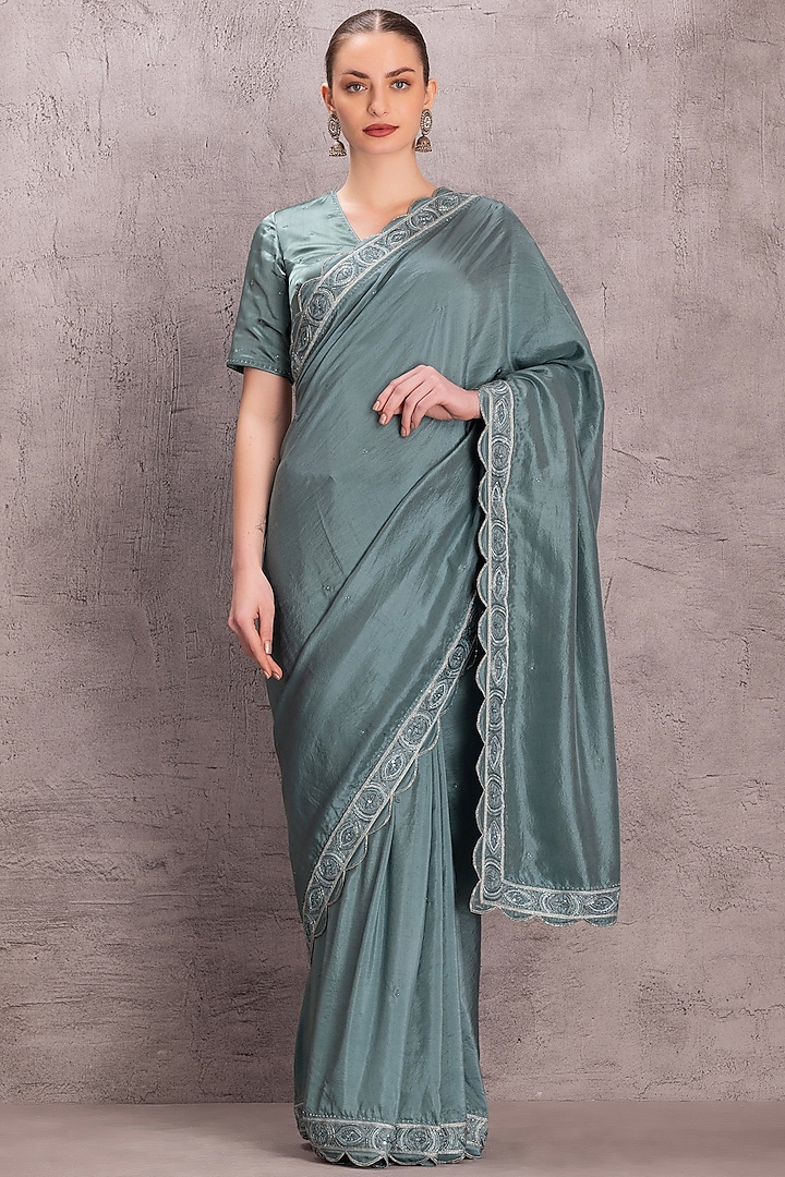 Sky Blue Pure Silk Sequins & Resham Work Saree Set by JANKI INDIA at Pernia's Pop Up Shop