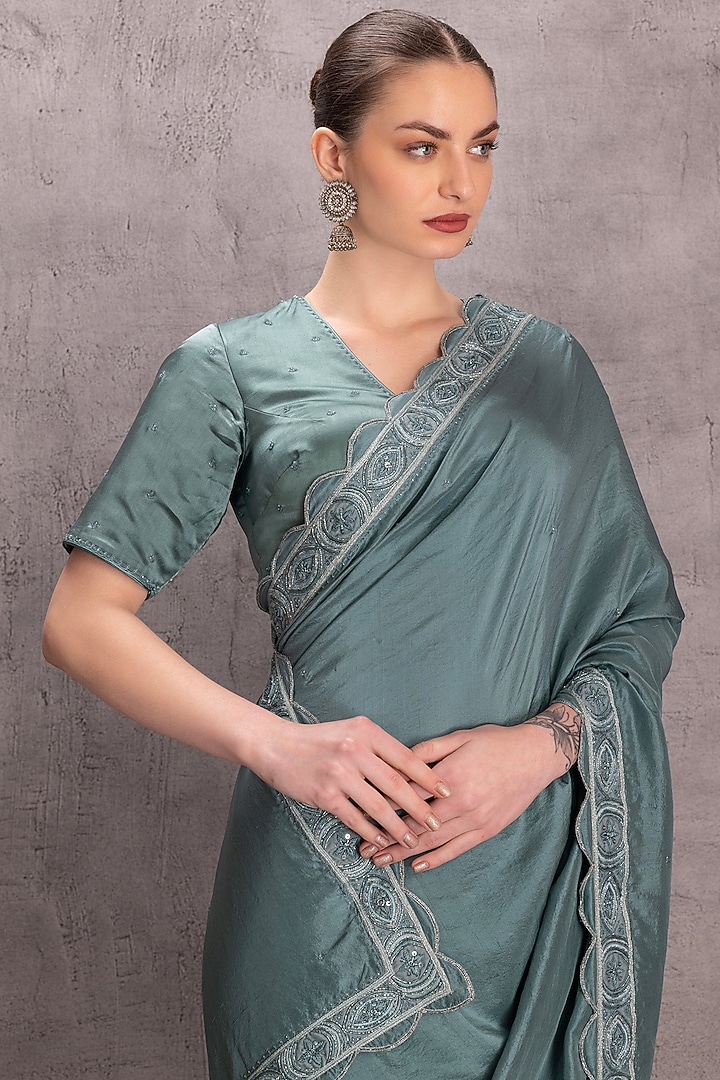 Sky Blue Pure Silk Sequins & Resham Work Party Wear Saree Set by JANKI INDIA at Pernia's Pop Up Shop