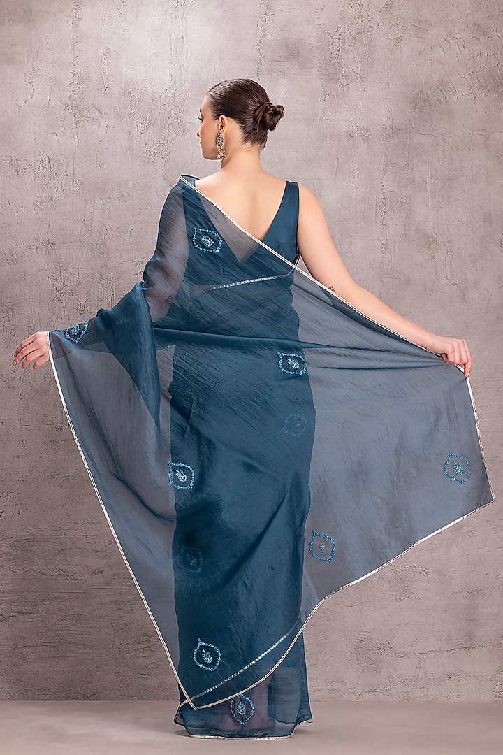 Blue Organza Thread Embroidered Wedding Saree Set by JANKI INDIA at Pernia's Pop Up Shop
