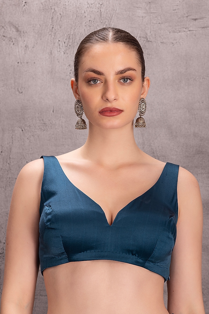 Blue Organza Thread Embroidered Wedding Saree Set by JANKI INDIA at Pernia's Pop Up Shop