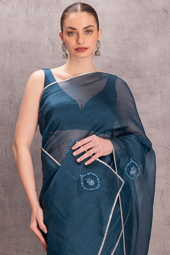 Blue Organza Thread Embroidered Wedding Saree Set by JANKI INDIA at Pernia's Pop Up Shop