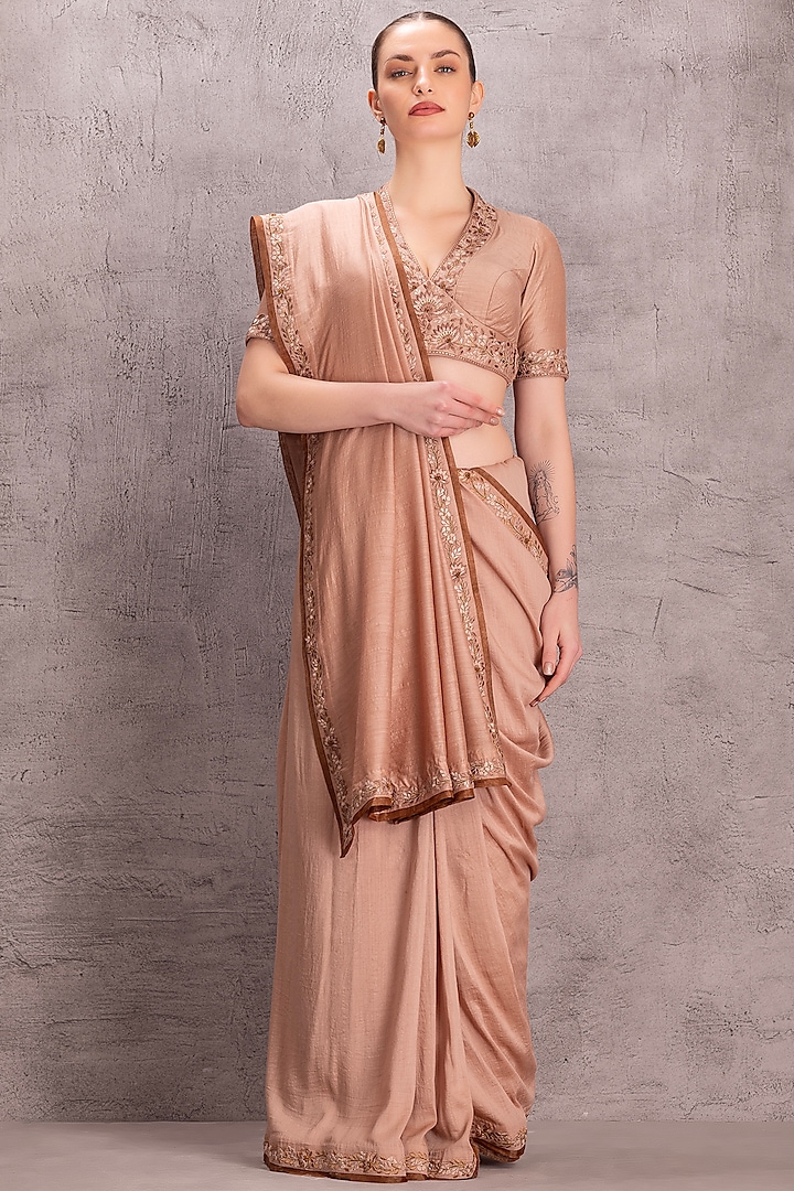 Light Brown Muga Silk Thread & Resham Embroidered Saree Set by JANKI INDIA at Pernia's Pop Up Shop