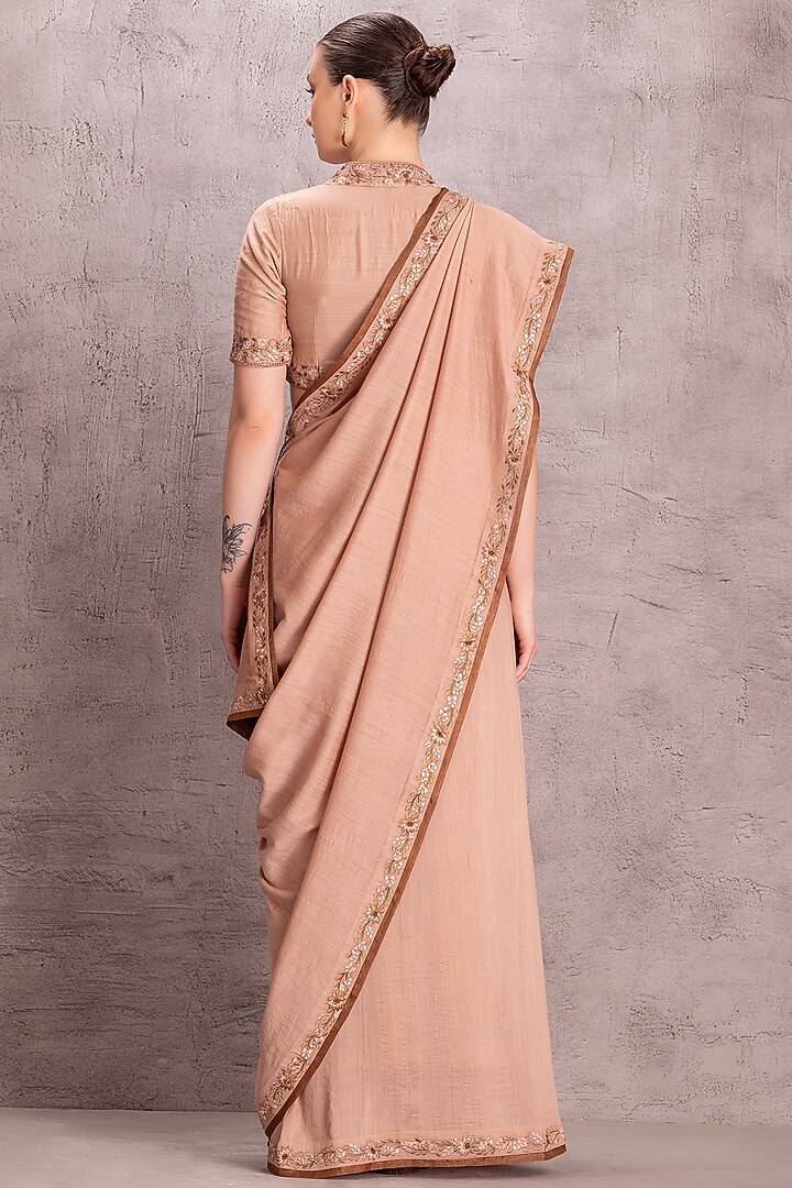 Light Brown Muga Silk Thread & Resham Embroidered Wedding Saree Set by JANKI INDIA at Pernia's Pop Up Shop