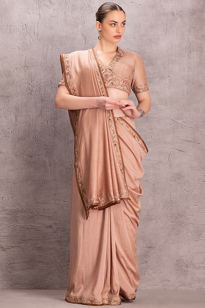 Light Brown Muga Silk Thread & Resham Embroidered Wedding Saree Set by JANKI INDIA at Pernia's Pop Up Shop