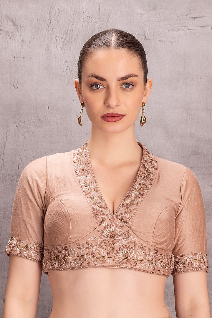 Light Brown Muga Silk Thread & Resham Embroidered Wedding Saree Set by JANKI INDIA at Pernia's Pop Up Shop