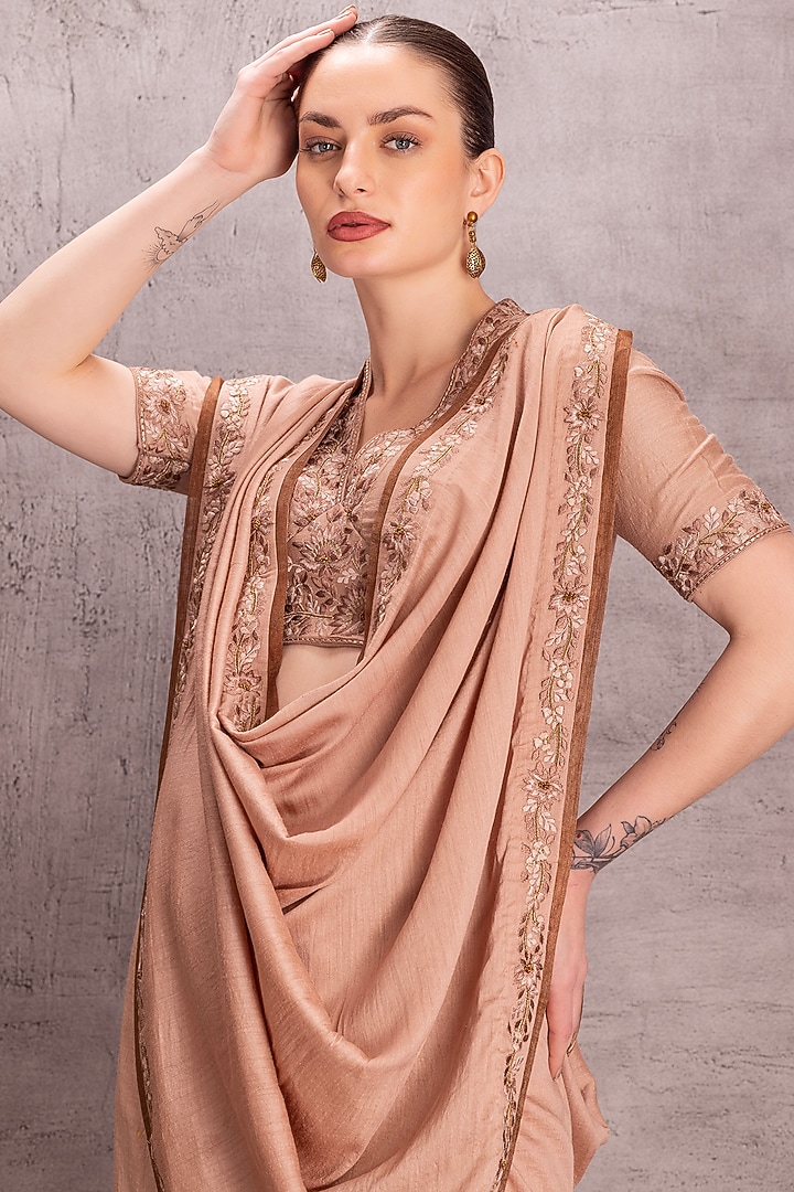 Light Brown Muga Silk Thread & Resham Embroidered Wedding Saree Set by JANKI INDIA at Pernia's Pop Up Shop