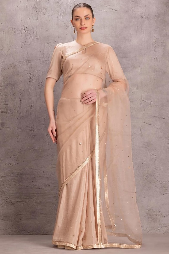 Rose Gold Organza Mukaish Embroidered Saree Set by JANKI INDIA at Pernia's Pop Up Shop