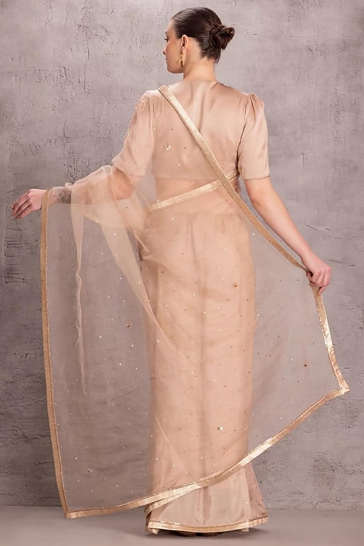 Rose Gold Organza Mukaish Embroidered Party Wear Saree Set by JANKI INDIA at Pernia's Pop Up Shop