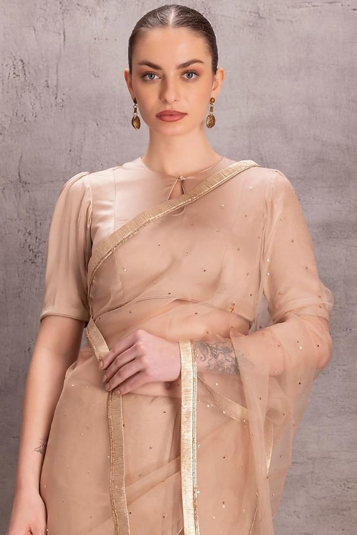 Rose Gold Organza Mukaish Embroidered Party Wear Saree Set by JANKI INDIA at Pernia's Pop Up Shop