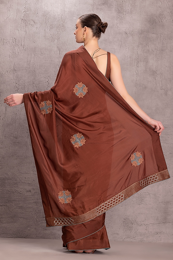 Brown Silk Floral Hand Embroidered Wedding Saree Set by JANKI INDIA at Pernia's Pop Up Shop