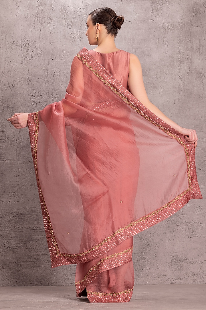 Dusty Pink Organza Sequins Embroidered Party Wear Saree Set by JANKI INDIA at Pernia's Pop Up Shop