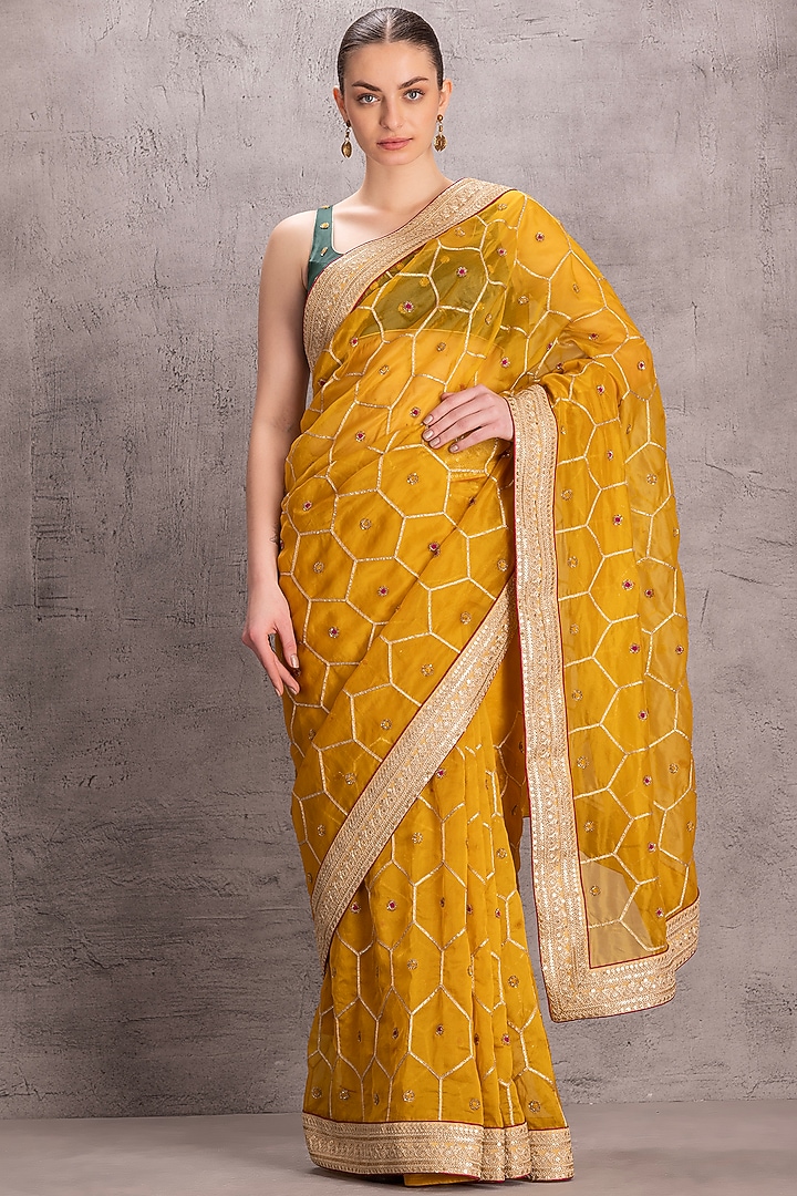 Yellow Organza Gota & Resham Embroidered Party Wear Saree Set by JANKI INDIA at Pernia's Pop Up Shop