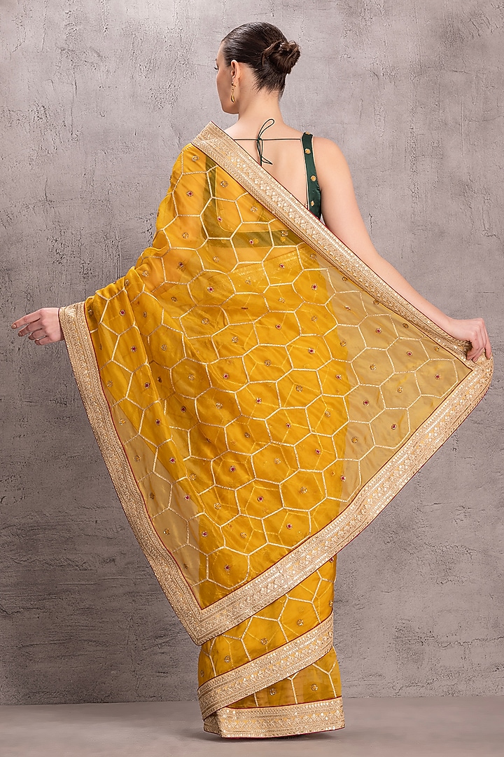 Yellow Organza Gota & Resham Embroidered Party Wear Saree Set by JANKI INDIA at Pernia's Pop Up Shop