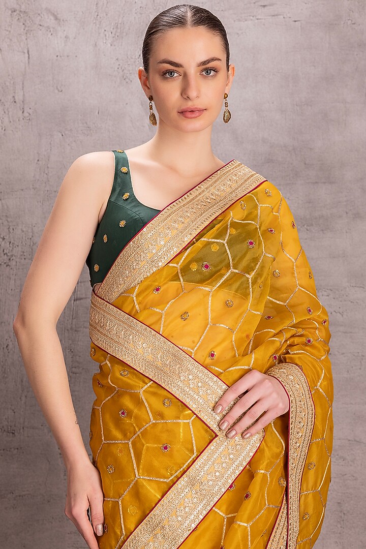 Yellow Organza Gota & Resham Embroidered Party Wear Saree Set by JANKI INDIA at Pernia's Pop Up Shop