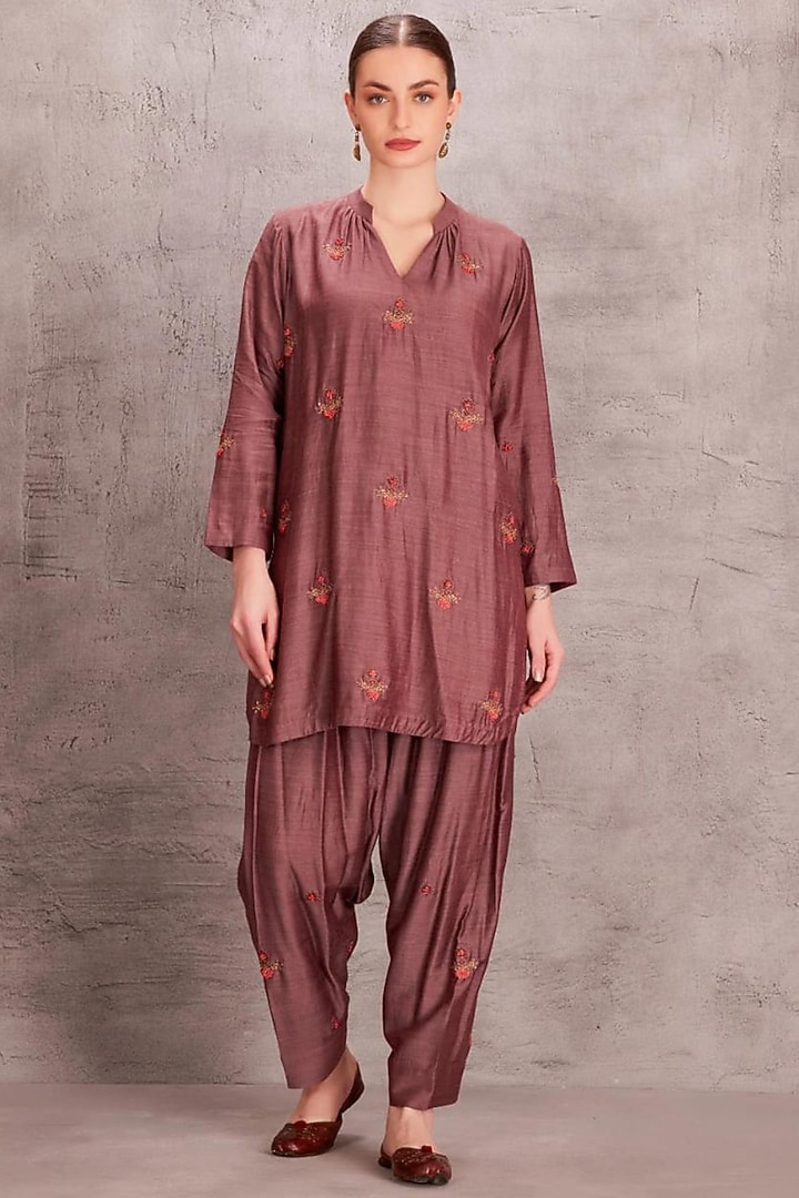 Brown Muga Silk Floral Embroidered Kurta Set by JANKI INDIA at Pernia's Pop Up Shop